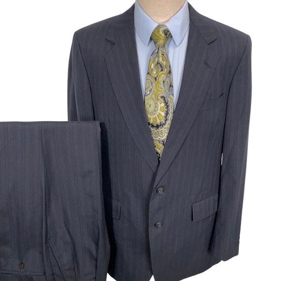 Hart Schaffner Marx Suit Mens 44RNavy Blue Pinstripe Ivy League Executive